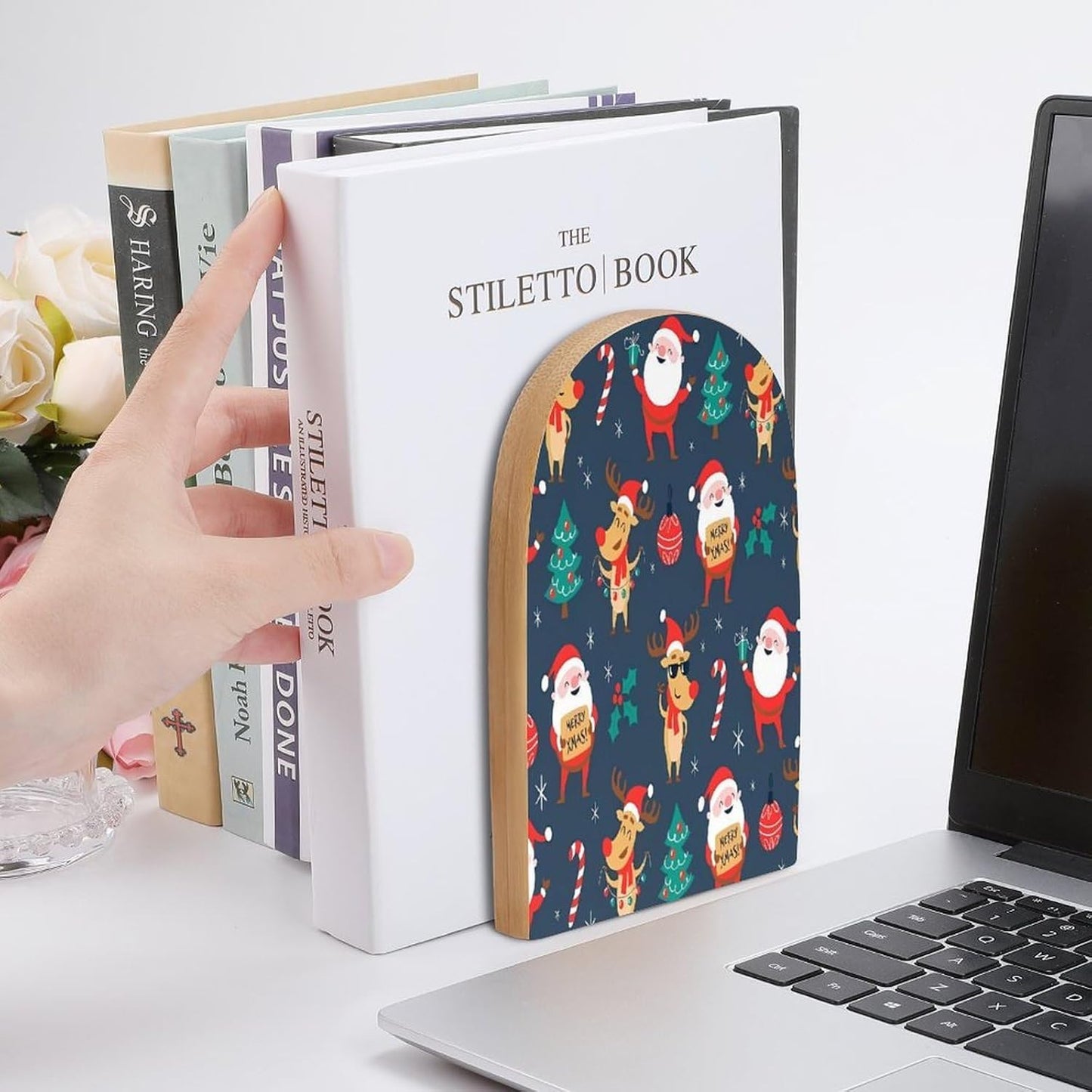 Santa Claus Christmas Wooden Bookend Non-Slip Book Ends Heavy Duty Book Stopper with Metal Base Books Holderd Decorative Bookends Stands Firmly for Office Supplies