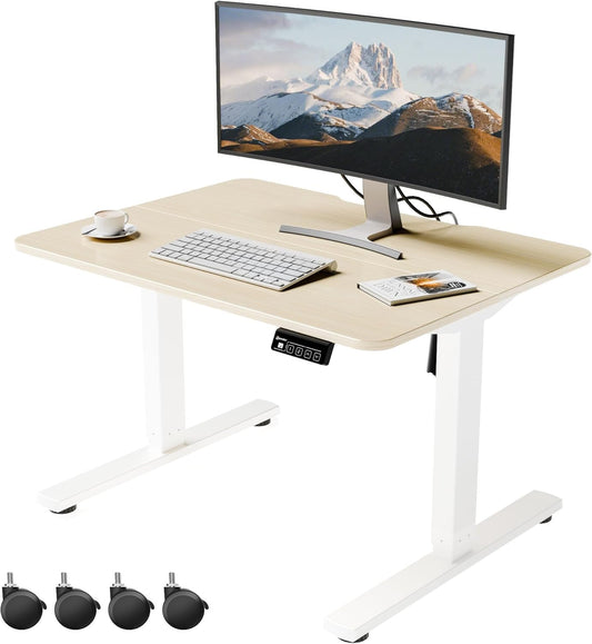 ERGOMAKER Low Height Adjustable Desk with Lockable Wheels, Lifts 18.9"-29.5", 31.5" x 23.6" Electric Small Standing Desk with Splice Board for Home Office & Short People(White Frame, Gold Oak Desktop)