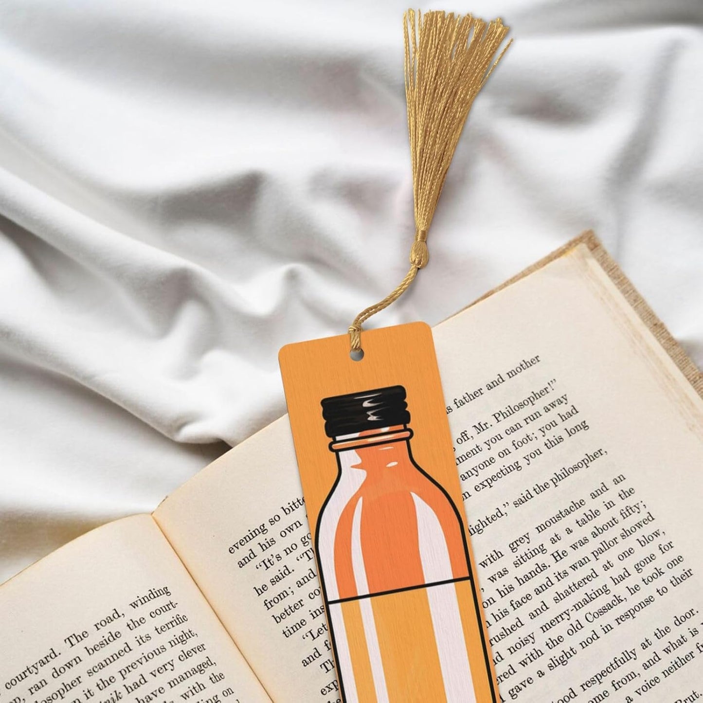 Orange Bottle of Water Bookmarks Gifts for Women Men, Wooden Bookmarks for Book Lovers, Vintage Book Marks Ornaments with Tassel, Unique Personalized Reading Page Markers Gold