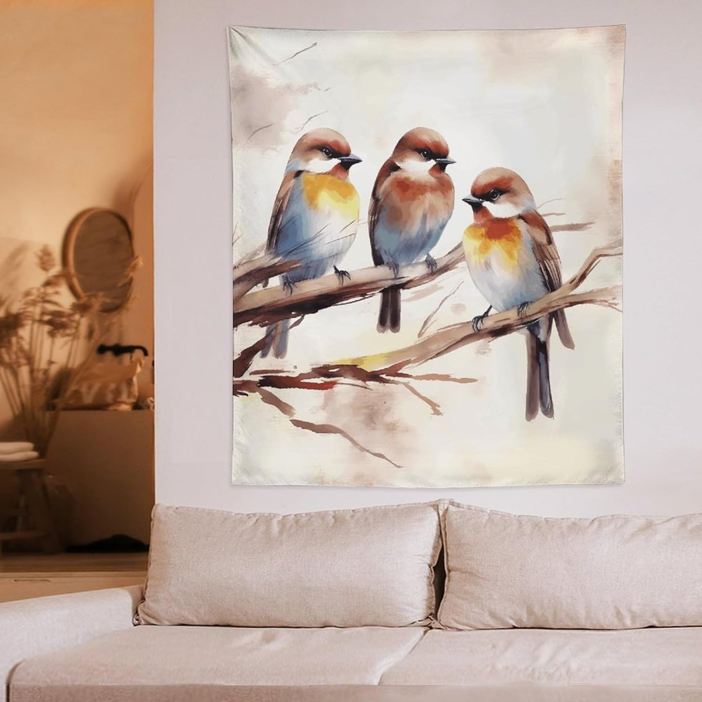FodPand Birds Resting on Tree Branch Tapestry Anti-fading Wall Tapestry with Installation Kit Backdrop Banner Multipurpose Aesthetic Tapestries Boho Wall Art Hanging Decorative Blanket 50"x60"