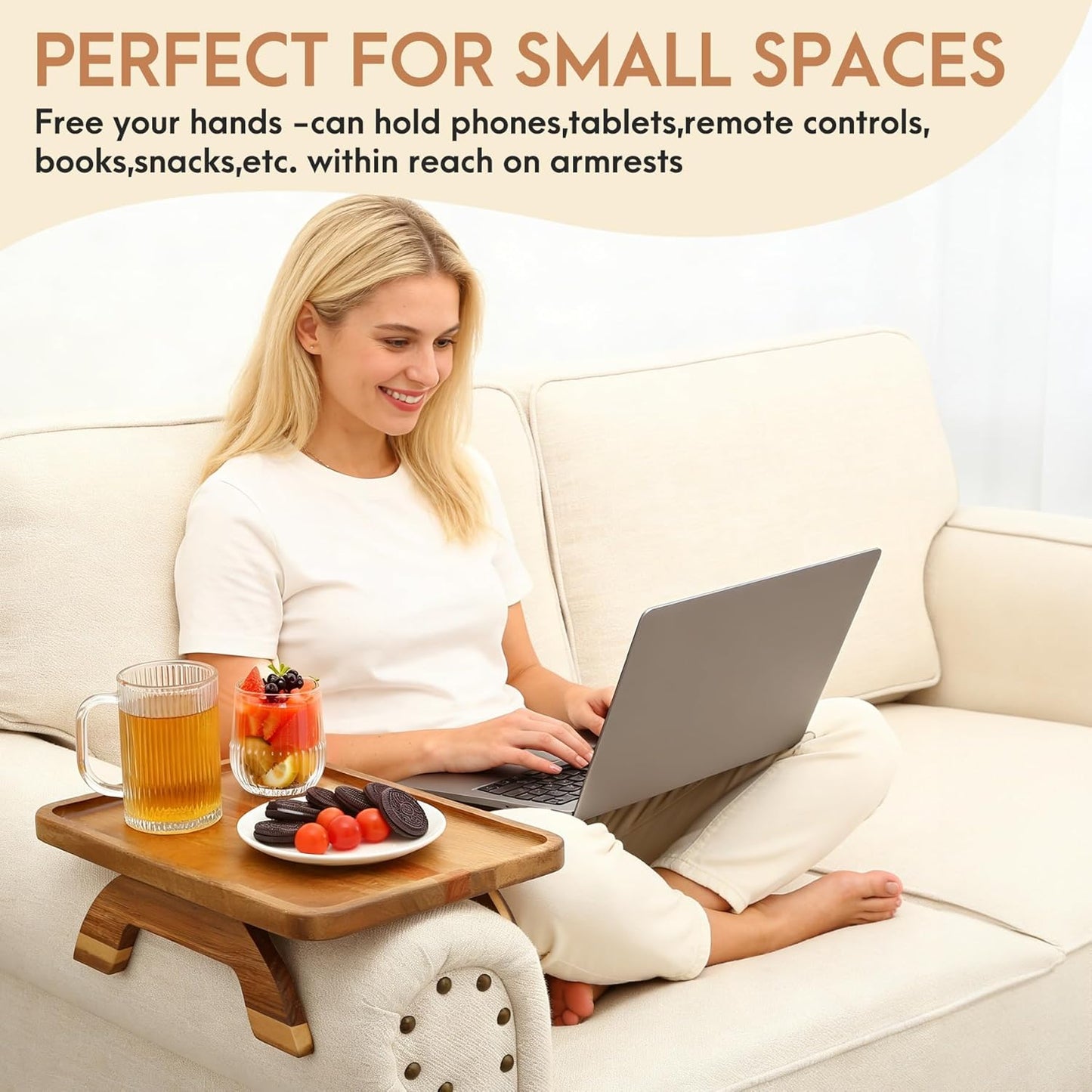 SINWANT Couch Arm Table,Acacia Wood Sofa Arm Rest Tray for Couch,13.78" Foldable Couch Armrest Tray Tables for Home Apartment Small Spaces