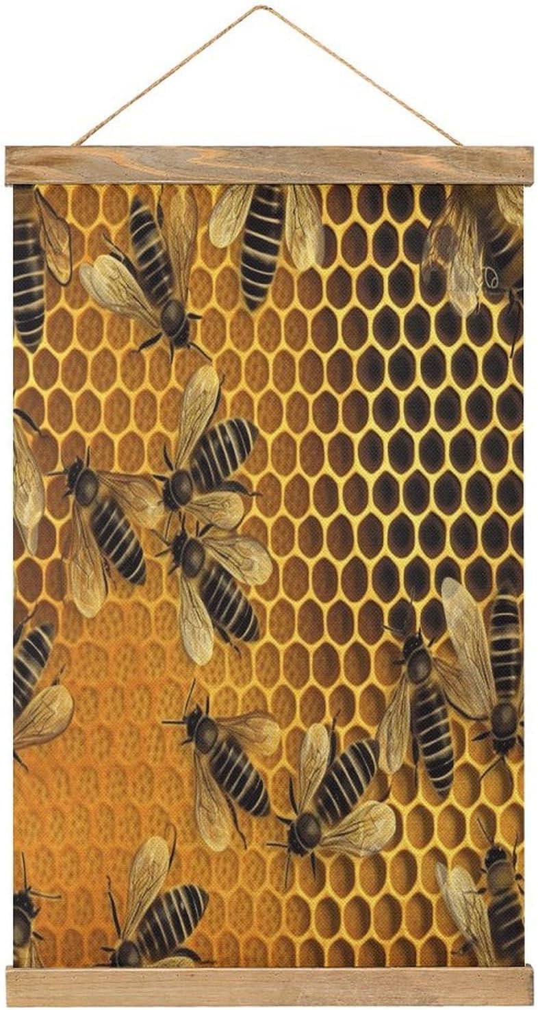 Vintage Bees on Hive Poster with Wooden Frame Personalized Linen Hanging Scroll Painting Rustic Wall Hanging Illustrative Modern Artwork Decor for Home Living Room Bedroom Office