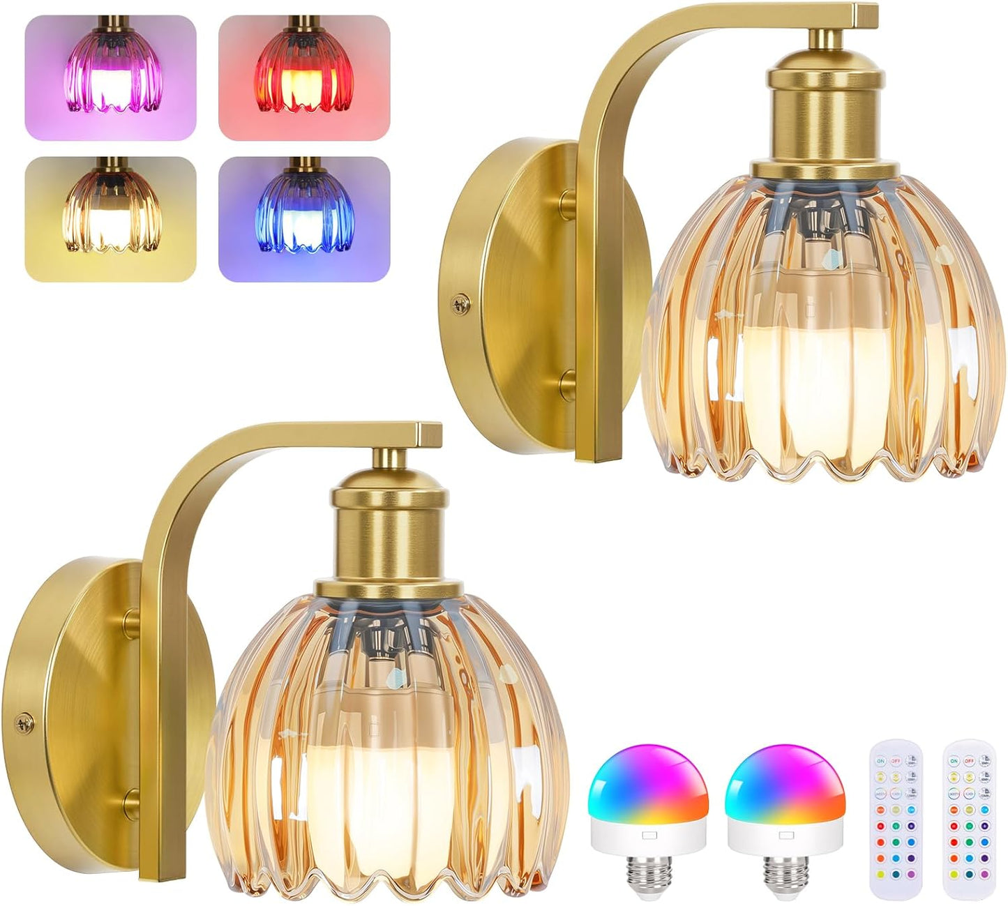 VerRon Rechargeable Battery Operated Wall Sconce Set of Two with Amber Glass Lampshade, Wireless Wall Scone Decor with Remote Control, 15 Colors Gold Wall Light for Bedside Hallway Bedroom Doorway