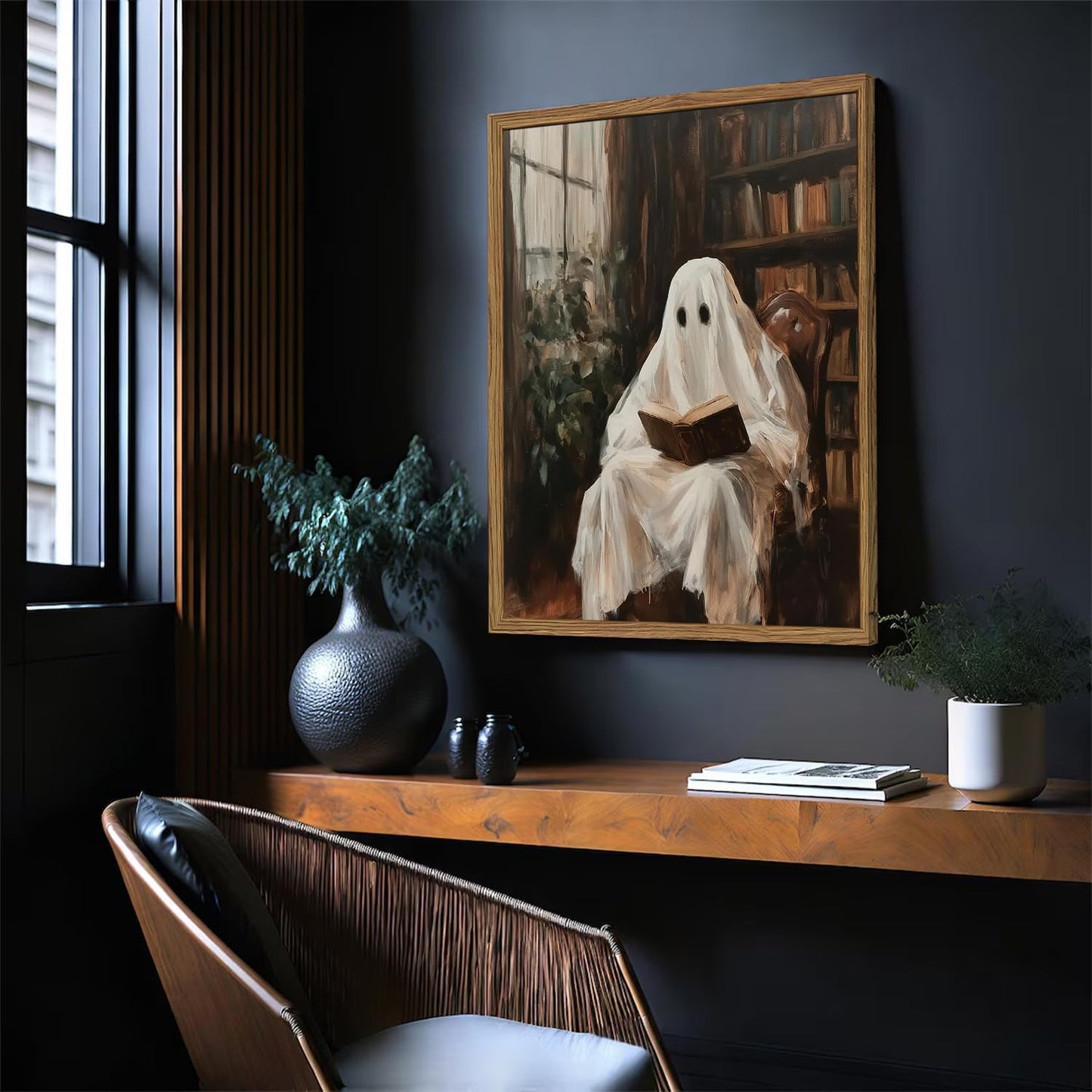 Framed Halloween Ghost Reading Book Canvas Wall Art, Vintage Dark Academia Horror Ghost Pictures Wall Decor Paintings, Gothic Moody Spooky Library Prints for Living Room Bedroom Office Dorm 12x16 inch