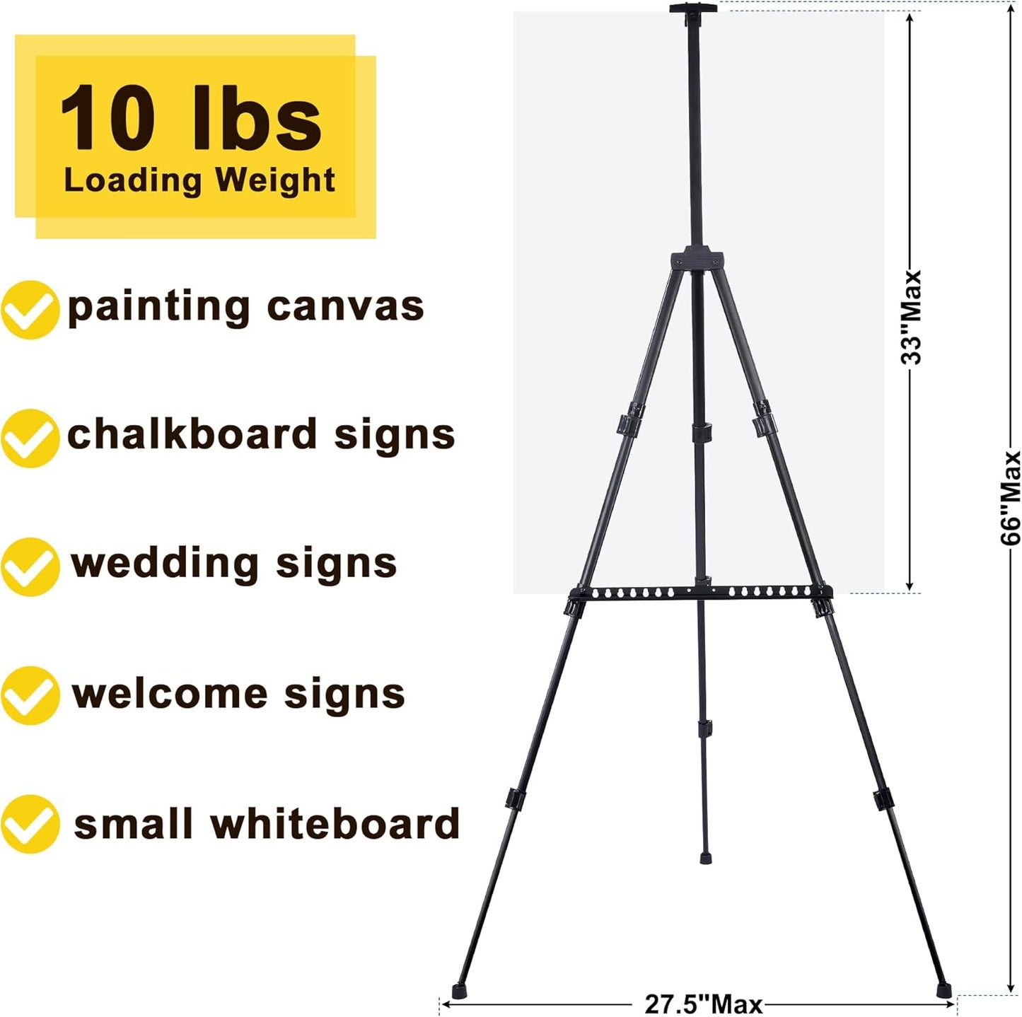 Easel for Painting Art Easel Stand for Adults 17" to 66" Portable Easel Stand for Sign Table Top/Floor Aluminum Metal Easel with Carry Bag Black