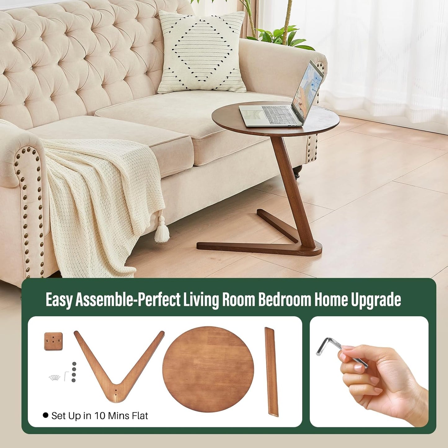 C-Shaped End Table for Couch - Solid Wood C Table for Sofa, Small Round Wooden Handmade Couch Tables That Slide Under Bedside Tray Side Tables for Living Room, Bedroom, Small Space, 19.7"