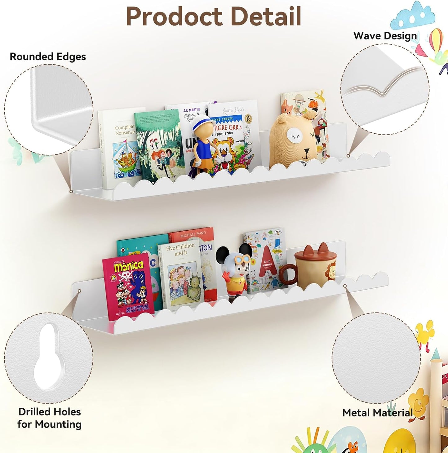 Floating Shelves for Wall, 23 Inch Metal Nursery Book Shelves 4 Pack, Wall Mounted Book Shelf for Kids Room, Bedroom, Bathroom, Playroom Decor （White）