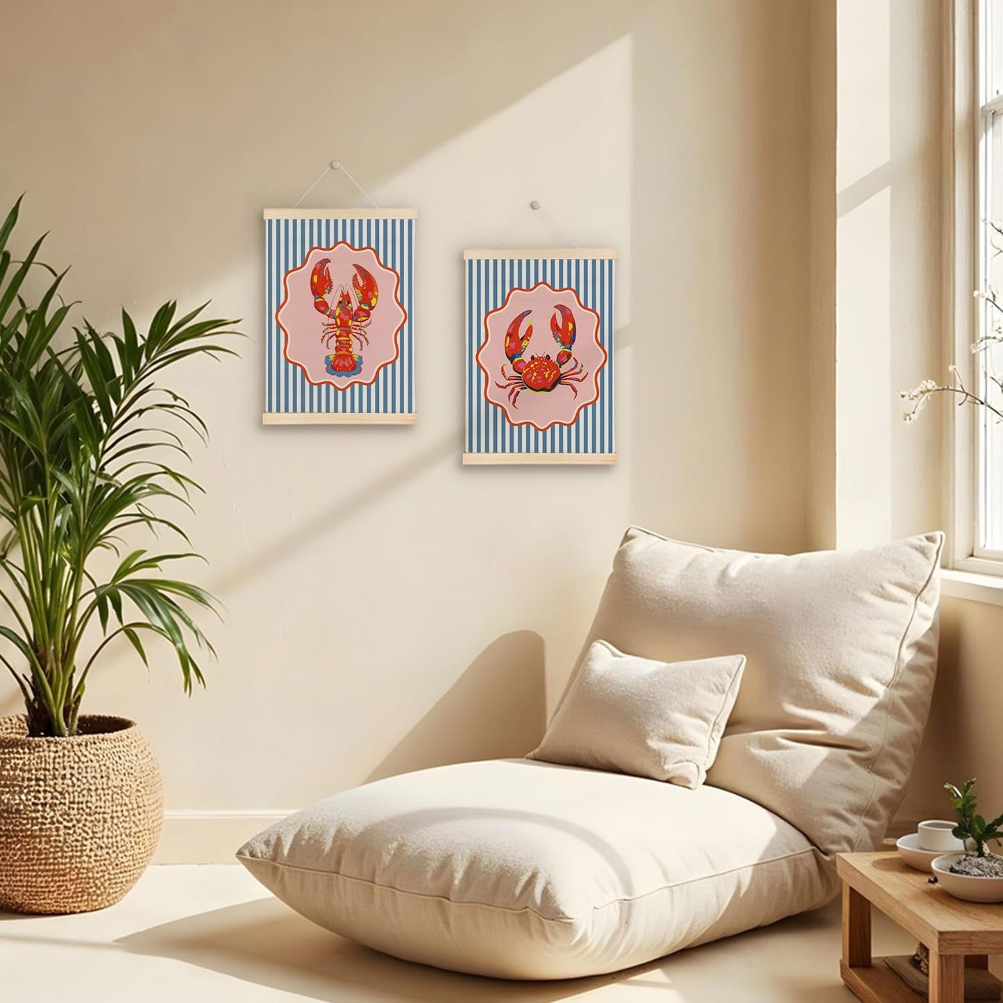ATBWGT Lobster Crab Coastal Beach Wall Art Decor, Coastal Room Decor, Blue Striped Ocean Crawfish Crab Poster Hanger Frame for Bedroom Living Room Beach House Cabin, 12x16 Inch Set of 2