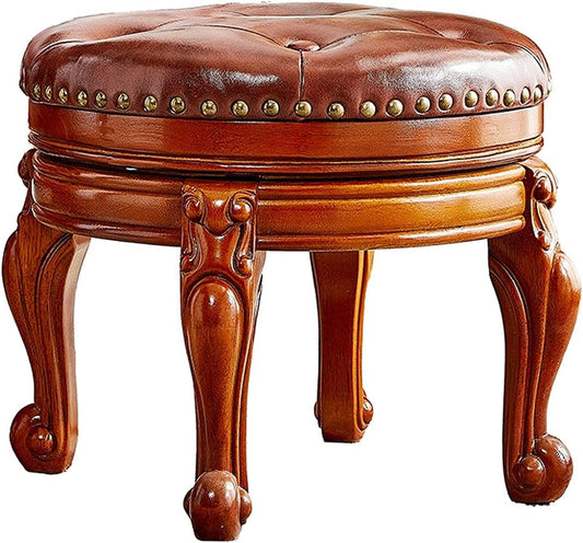 Solid Wood Foot Stool Round Ottoman Mid-Century Footrest Sofa Stool with Microfiber Leather Cushion for Living Room, Bedroom, Entryway (Brown)