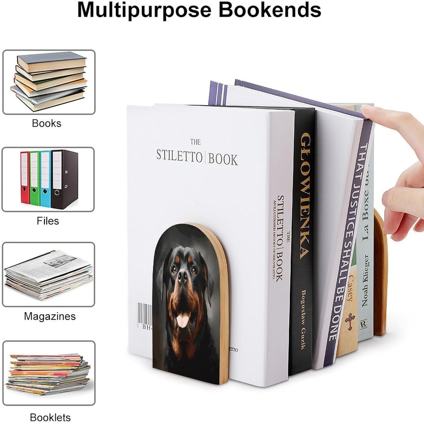 Cool Rottweiler Dog Art Bookends 1 Pair Heavy Duty Book Ends for Shelves Non-Skid Bookend Supports Wooden Book Holders with Metal Base Desk Organizers Books Storage to Hold Books