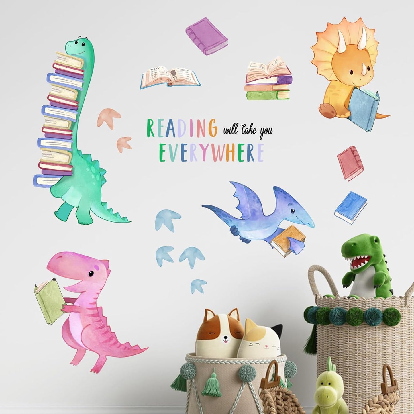 Yovkky Dinosaur Book Reading Corner Inspirational Wall Decals Stickers, Reading Will Take You Everywhere Toddler Nursery Classroom Decor, Positive Quote Home Decorations Kids Bedroom Study Room Art