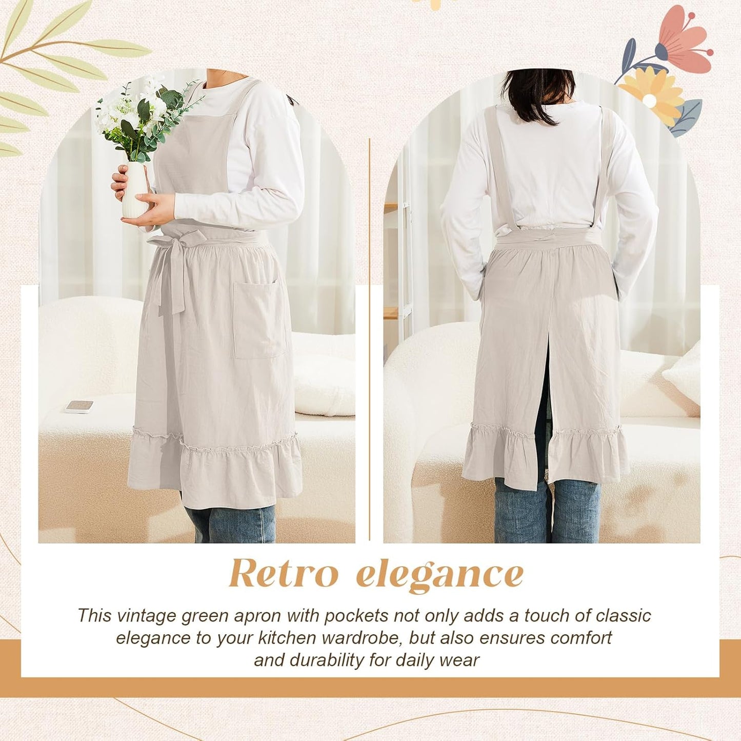 100% Cotton Aprons with Pockets Pinafore Dress for Women Vintage Cute Aprons for Kitchen Baking Gardening Painting