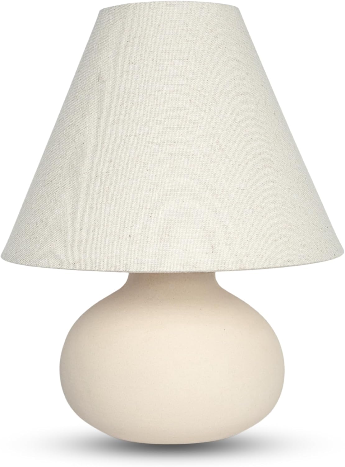 11" Small Table Lamp – Handmade Round Ceramic Cream Base with Off-White Fabric Shade, Dimmable Plug-in Nightstand or Accent Light – Organic Boho Japandi Decor for Bedroom or Small Spaces