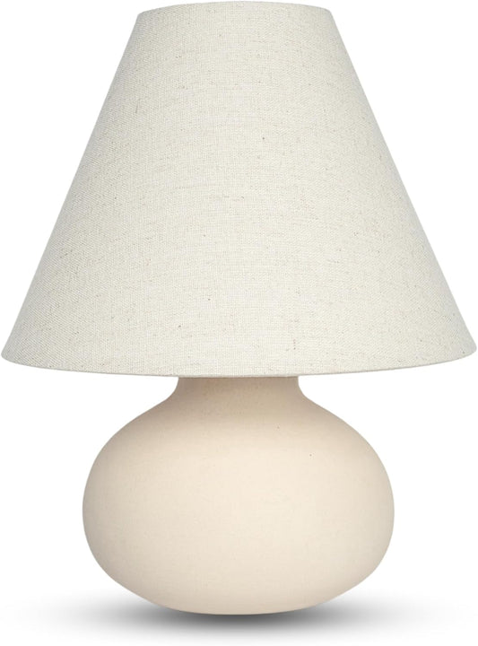 11" Small Table Lamp – Handmade Round Ceramic Cream Base with Off-White Fabric Shade, Dimmable Plug-in Nightstand or Accent Light – Organic Boho Japandi Decor for Bedroom or Small Spaces