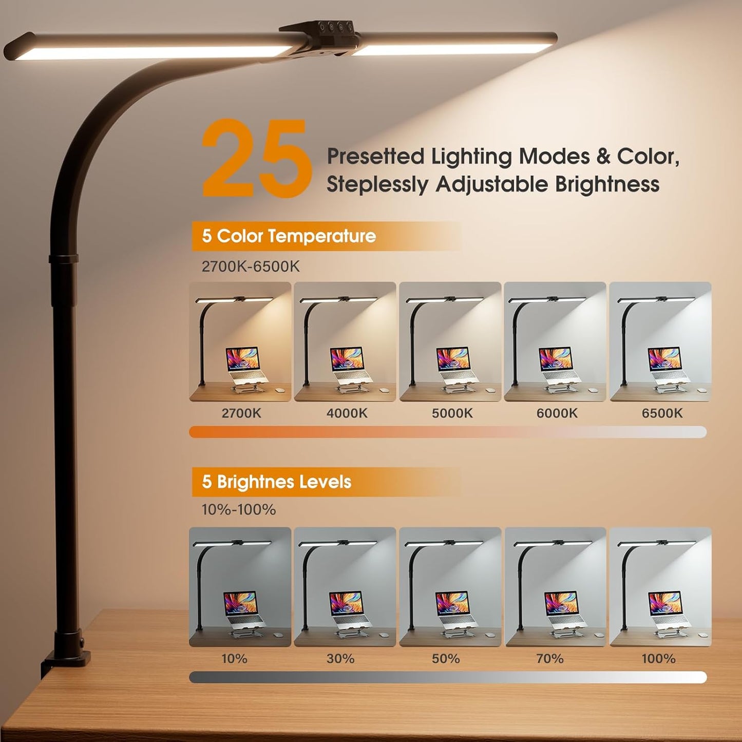 LED Desk Lamp for Home Office - Dimmable Computer Desk Light with Clamp, Modern Architect Task Lamp with Color Changing, Flexible Desktop Lamp with Gooseneck for Monitor, Double Head, Black