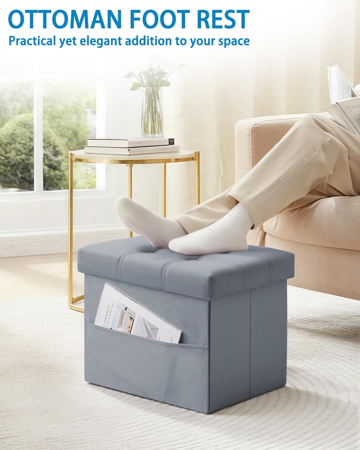 Storage Ottoman Foot Stool, 17 inches Folding Ottoman with Storages, Velvet Storage Bench with Side Pocket, Foot Rest for Living Room, Bedroom (Grey)