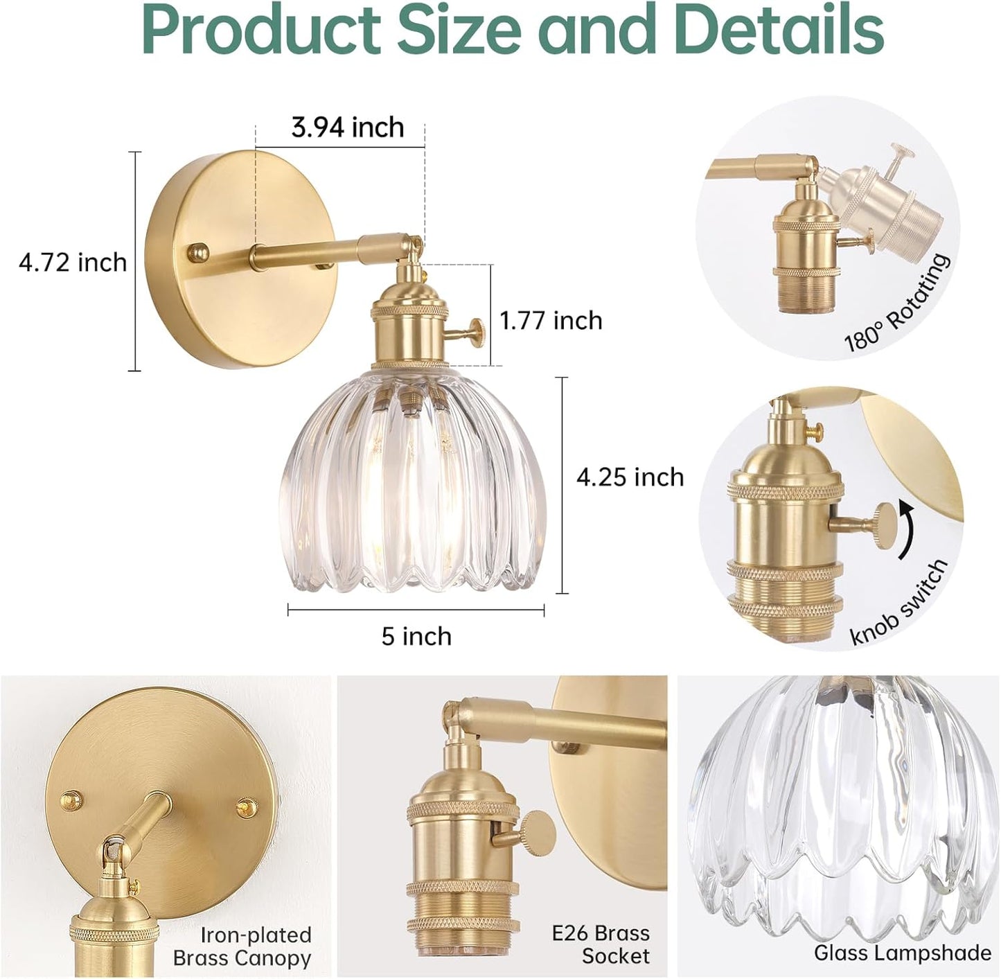 Vintage Wall Sconces with Transparent Tulip Glass Lampshade 180 Degree Adjustable Brass Sconces Hradwired Modern Wall Lighting Fixture with Switch for Bedside Bedroom Doorway