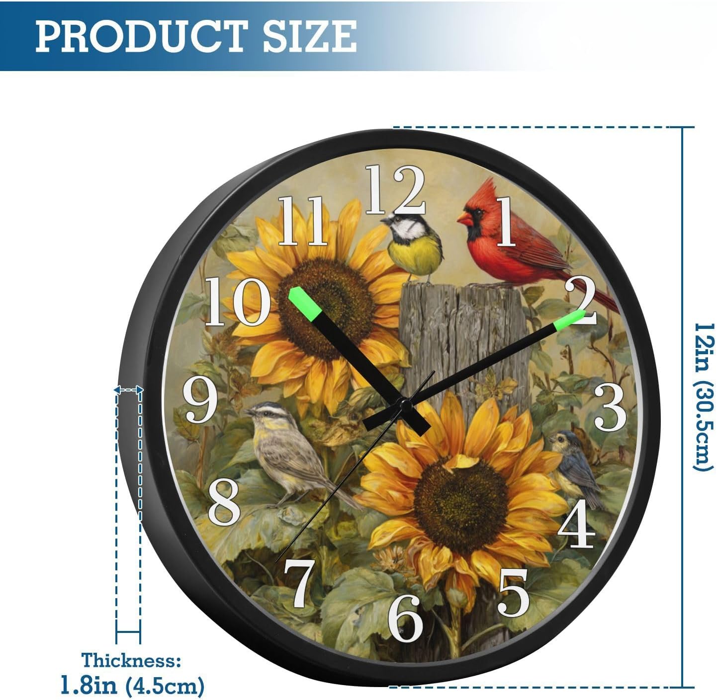 Red Cardinal Bird with Sunflower Night Light Wall Clock Light Up Luminous Non-Ticking Silent Battery Operated Clocks 12 Inch for Kitchen Home