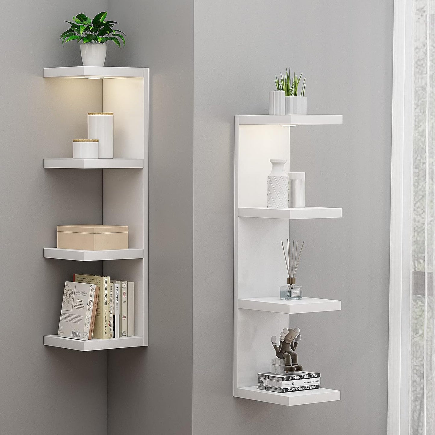 Versatile 4 Tier Wall Shelf Unit,White Lack Wall Shelf,Display Floating Shelf with LED Remote Control Light