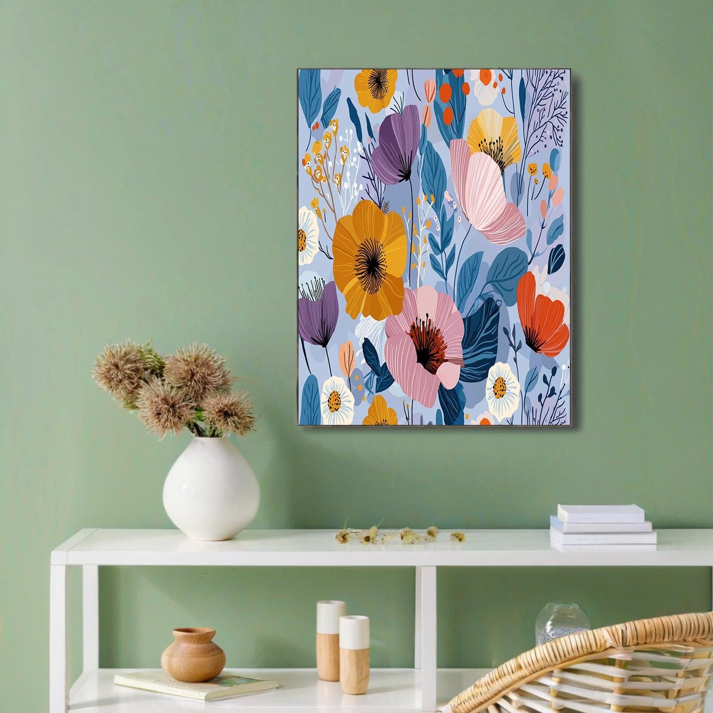GDJSMIN Scandinavian Style Wall Art, Yellow-Pink Floral Pattern Poster For Reading Room Living Room Decor 16X 24 Inch Unframed