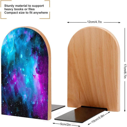 Purple Starry Sky Wooden Bookend Non-Slip Book Ends Heavy Duty Book Stopper with Metal Base Books Holderd Decorative Bookends Stands Firmly for Office Supplies