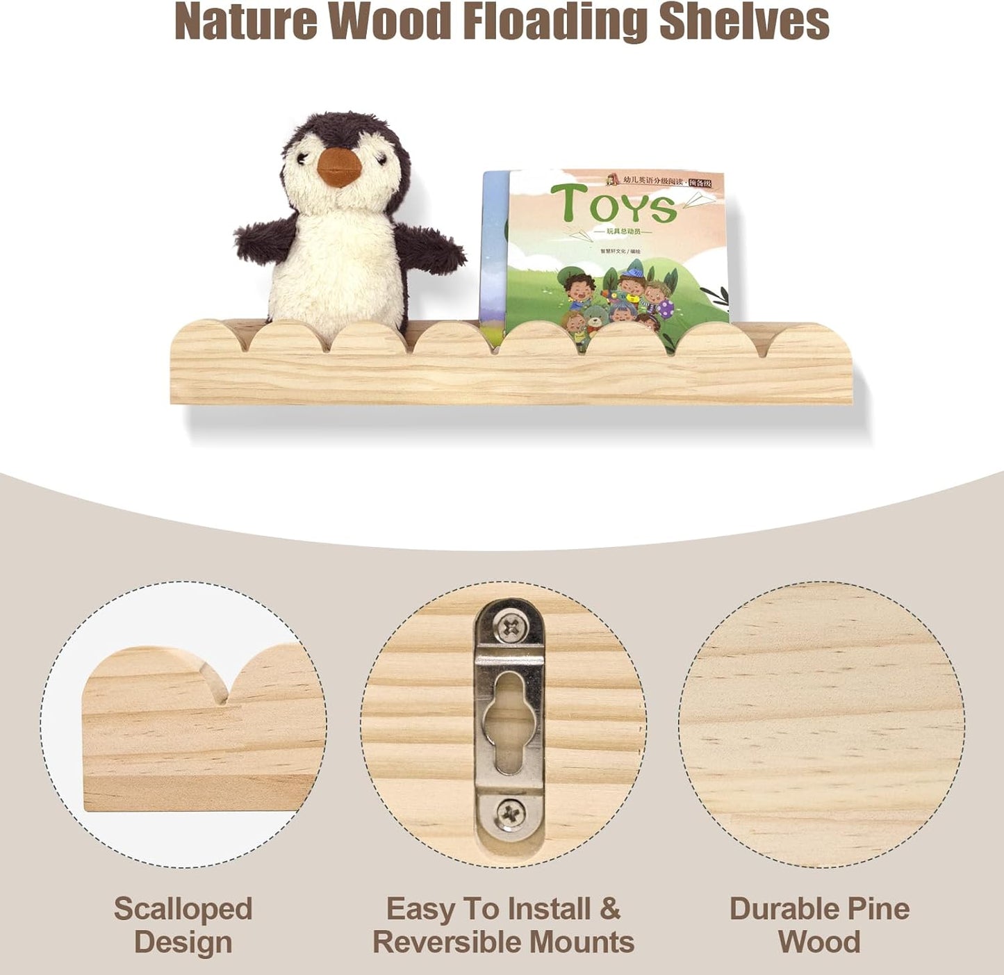 Scalloped Shelves for Nursery - Wall Book Shelves for Bedroom Kids, Nursery Bookshelf for Wall Set of 4, Floating Book Shelves Solid Wood,16 Inch, Natural