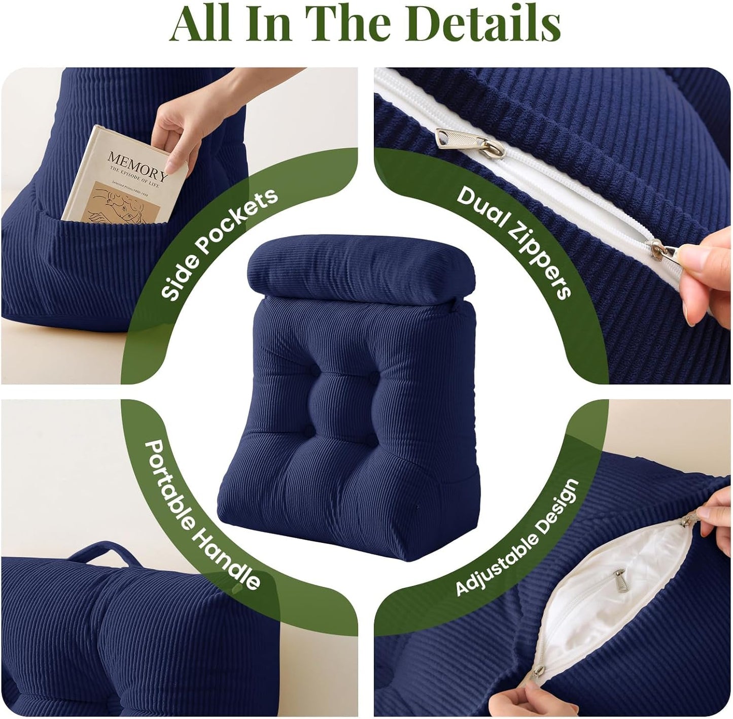 Sasttie Wedge Pillow Set, 2PCS Reading Pillow for Sitting, Bed Wedge Pillow Headborad for Sleeping, After Surgery, Acid Reflux, Leg and Back Support, with Neck Cushion, 23"x11.5"x30", Navy