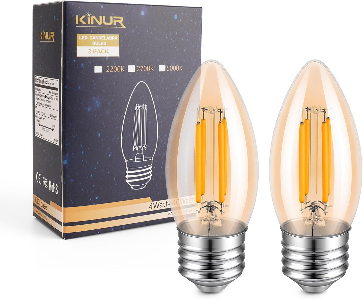 KINUR E26 Dimmable Amber LED Light Bulbs.40 Watt Candelabra Light Bulbs Equivalent,Dimmable B11 Candelabra Base LED Bulbs,2200K,360LM,2 Pack