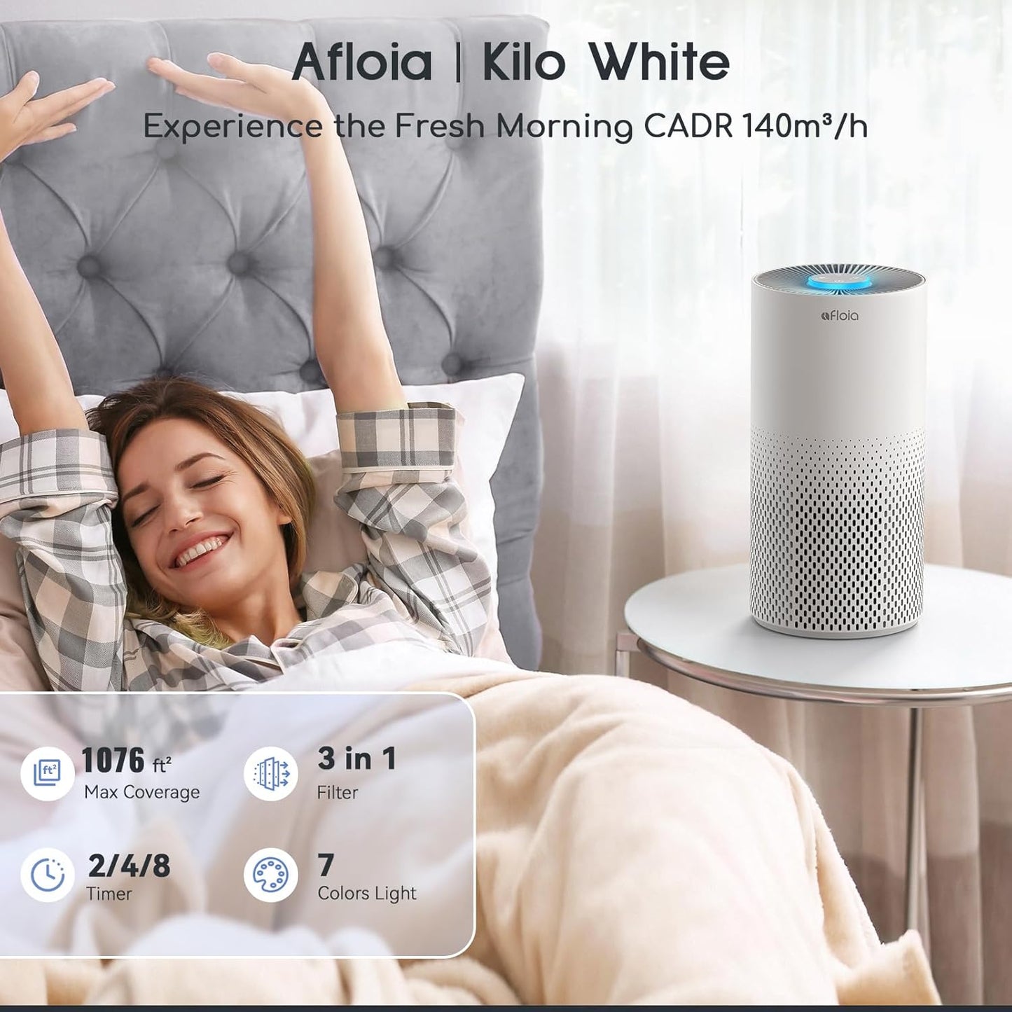 Afloia Air Purifiers for Home Bedroom Large Room Up to 1076 Ft², 3-Stage Filter Cleaner Odor Eliminator, Remove Pets Dust Dander Hair Allergy Mold Pollen Smoke Smell, Quiet 22 dB, 7 Colors Night Light