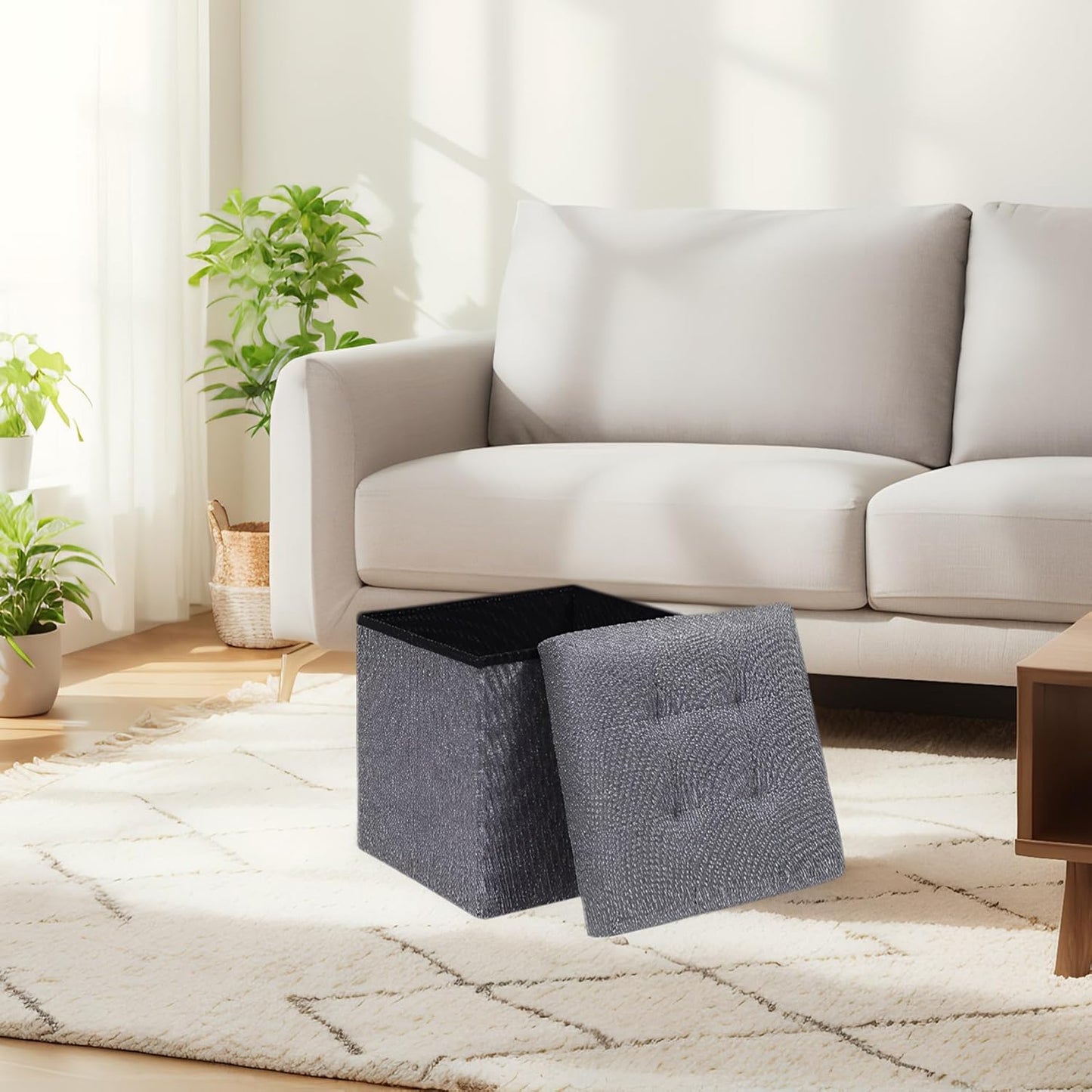 B FSOBEIIALEO Storage Ottoman Cube Foldable Footrest, Chest & Seat for Living Room, Nursery, Bedroom 12.6 Inch Cube (Linen Grey)