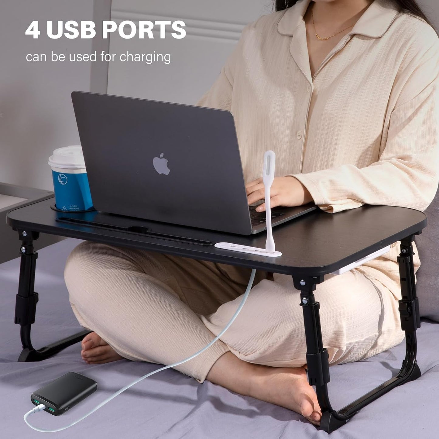 BYMECOST Laptop Desk for Bed, Height Adjustable Laptop Bed Table, Foldable Portable Lap Desk Stand with USB/Storage Drawer/Cup Holder/Slot, Breakfast Tray for Working Reading Writing Eating
