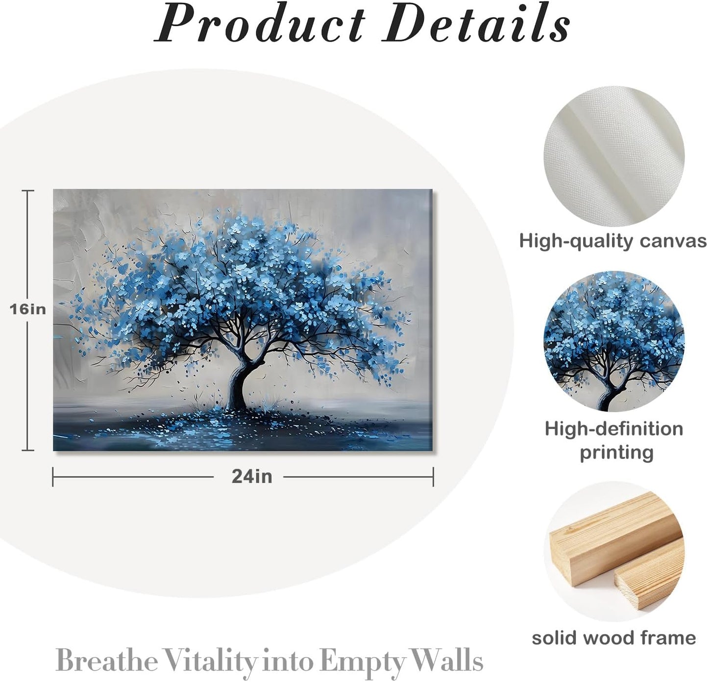 Kdyudo Blue Tree Canvas Wall Art, Tree of Life Large Mural Abstract Print Image Modern Blue Tree Oil Painting Art Print Suitable for Living Room Bedroom Kitchen and Office Wall Decor 16x24 inch