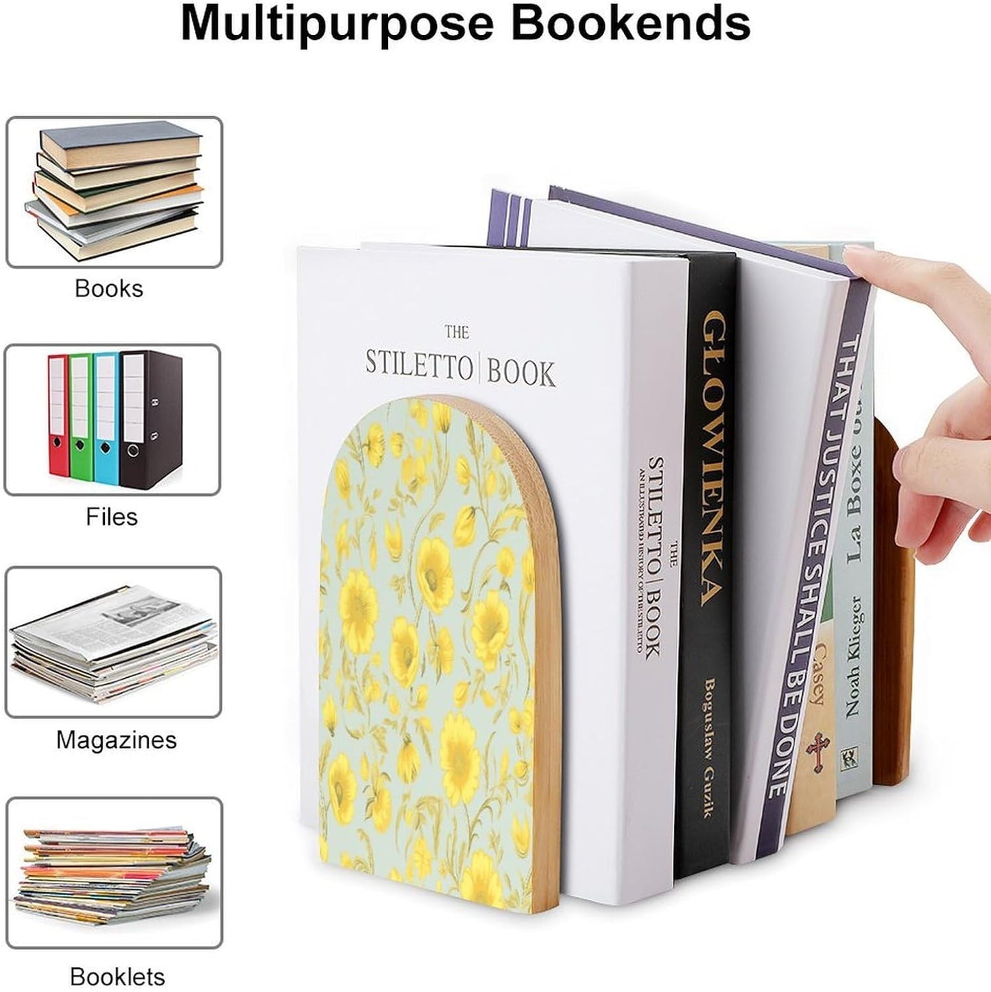 Yellow Flower Bookend for Shelves Wooden Book End Large Size Sturdy Book Holders Stoppers with Metal Base for Bookshelves Slick Decorative Bookends Stands