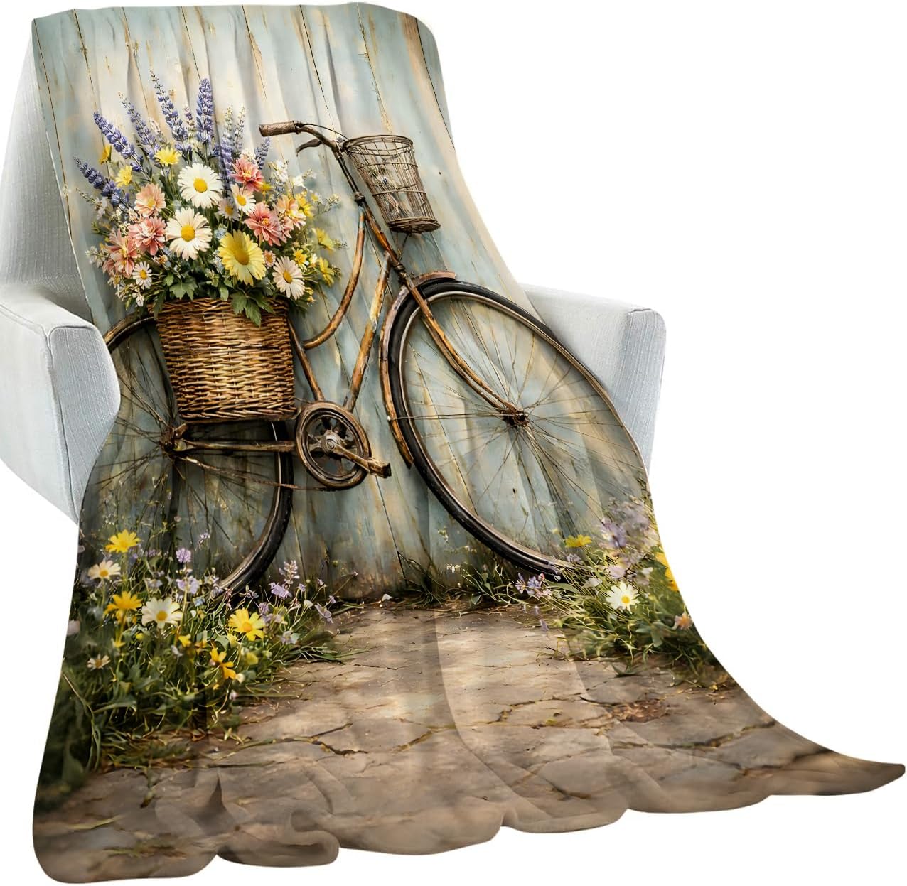 Vintage Bicycle Flower Blanket, Floral Bicycle Illustration Art Design Lightweight Flannel Throw 50×60 for Couch Sofa Bed, Cozy Home Decor and Gifts for Garden Lovers Nature-Inspired Spaces