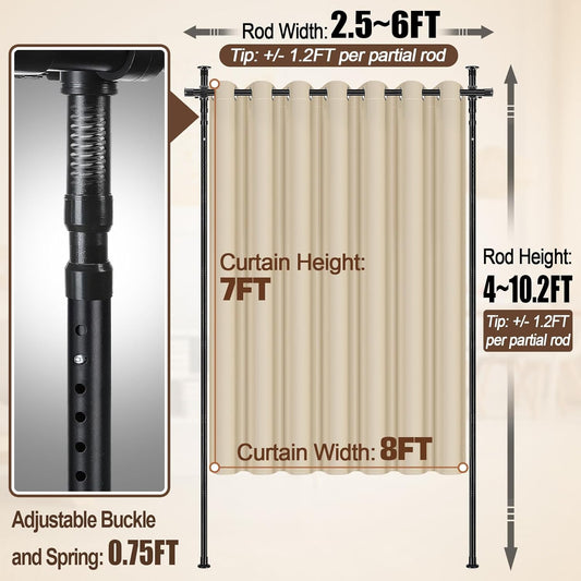 Room Divider Curtain and Rod Set - 6 x 10.2FT Adjustable Wall Divider Rod & Soft Privacy Curtains, Portable Easy to Install Room Separations for Room Blackout