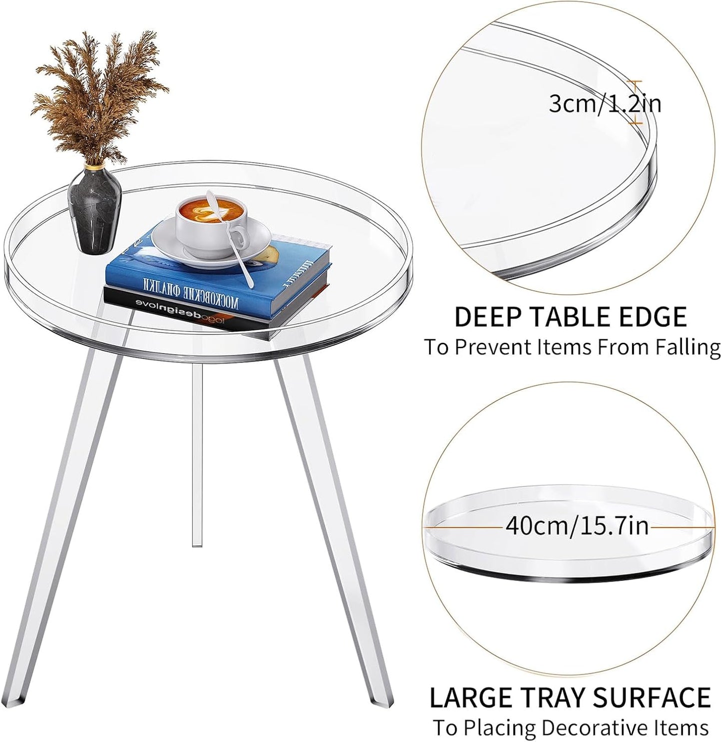 Clear Acrylic Side Table, Round End Table Nightstand Bedside Table Small Circle with Tray for Living Room Bedroom Office Small Space (Clear)