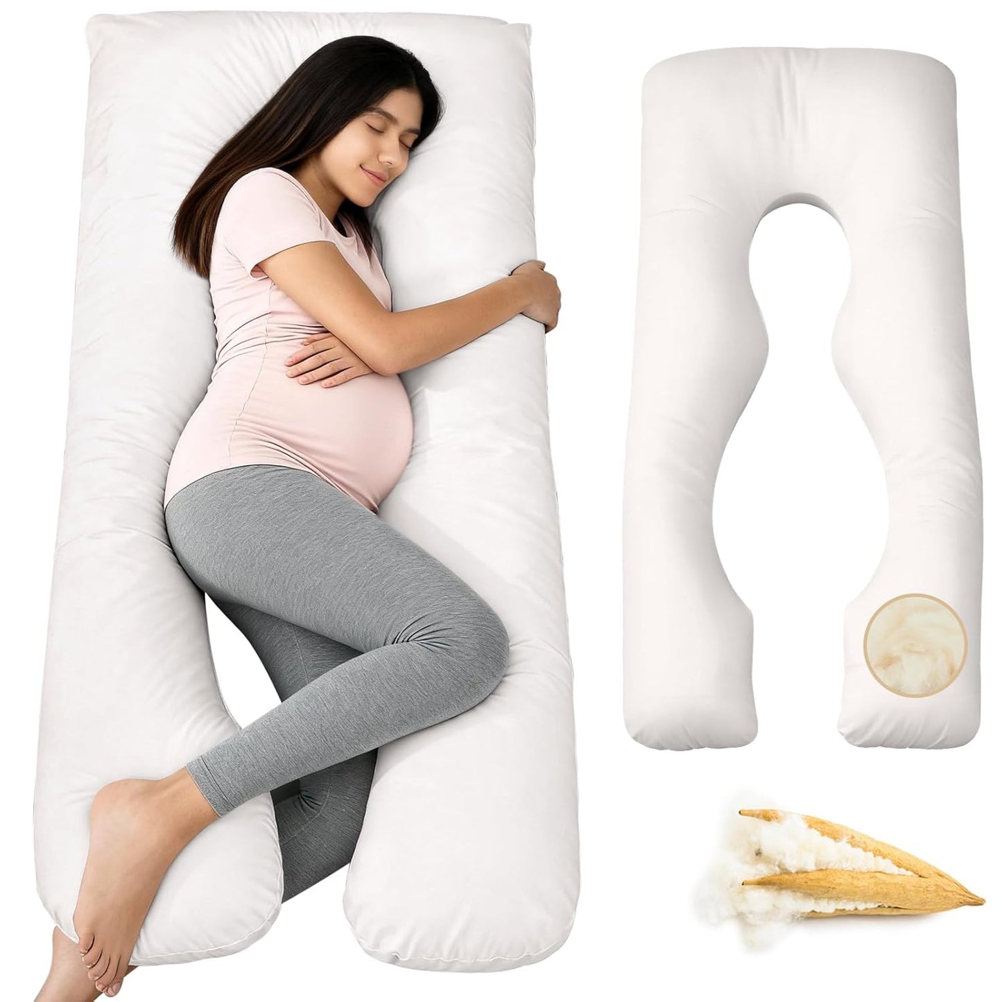 Leinuosen Organic Kapok U-Shape Pregnancy Pillow Natural Kapok Fiber Filled Maternity Pillows with Breathable Cotton Shell for Full Body Support, Hip & Back Pain Relief