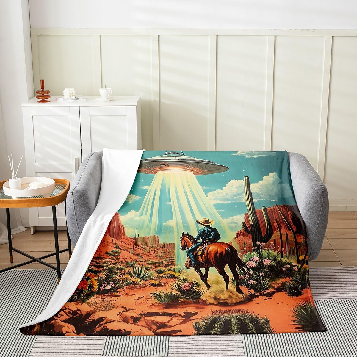 Castle Fairy Cowboy Flannel Fleece Throw Blanket 60"x80" Magical UFO Alien Spacecraft Fuzzy Blanket for Sofa Couch Desert Adventure All Season Bed Blankets Lightweight Plush Blankets,Orange