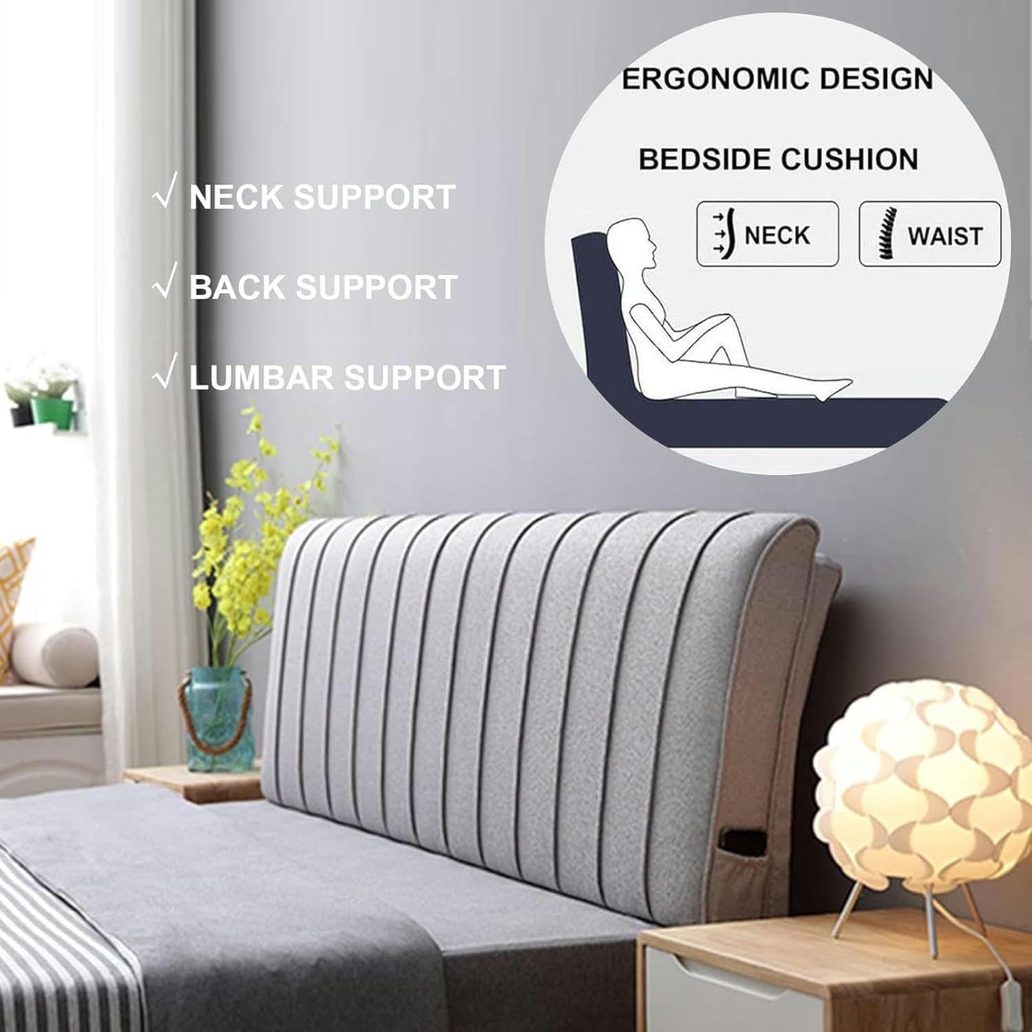 King Size Bed Backrest Wedge Headboard Cushion Cotton Linen Reading Pillow Lumbar Back Support for Sitting Up in Bed Day Bed Bunkbed Bench Bolster,C,with headboard King