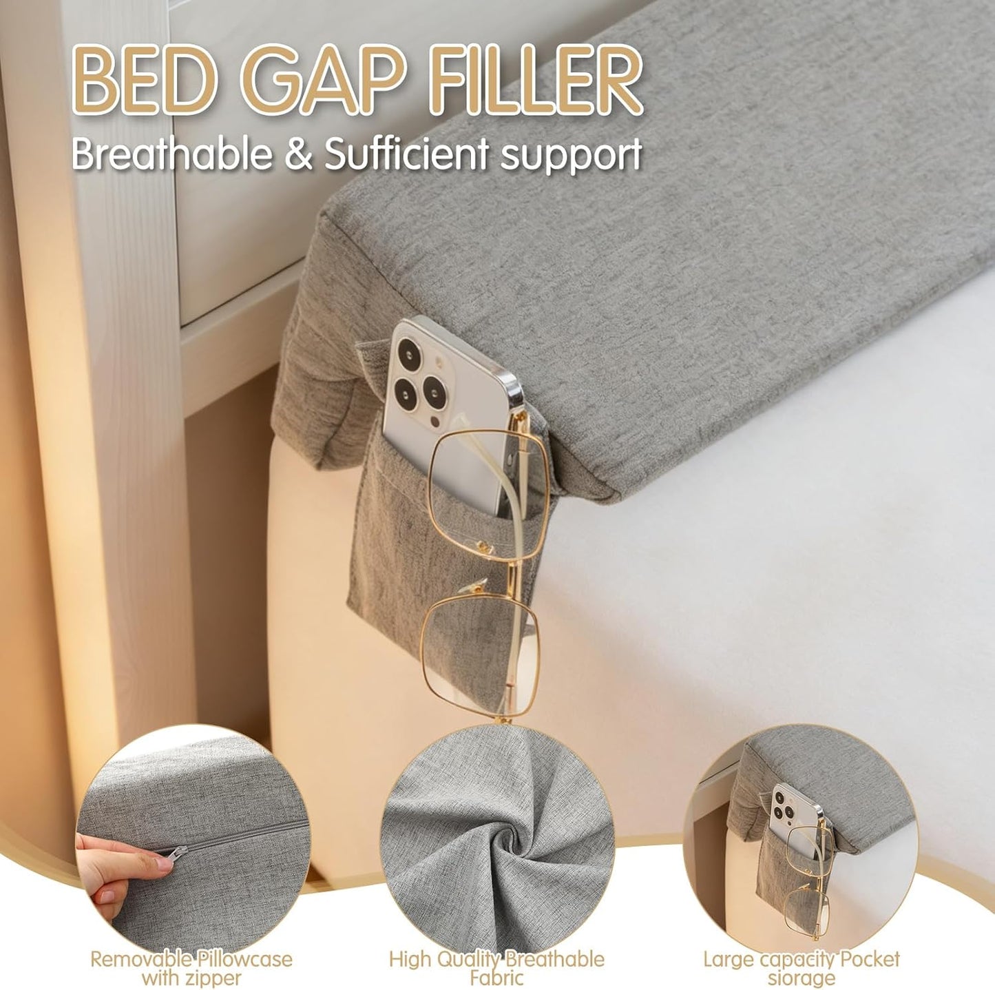 Novabright 72"x 8"x 5" Bed Wedge Pillow Gap Filler for Headboard Gap Filler Bed Wedge Pillow with Side Pocket Gaps Mattress Wedges Gaps Fillers to Stop Items Falling Down, Removable and Washable