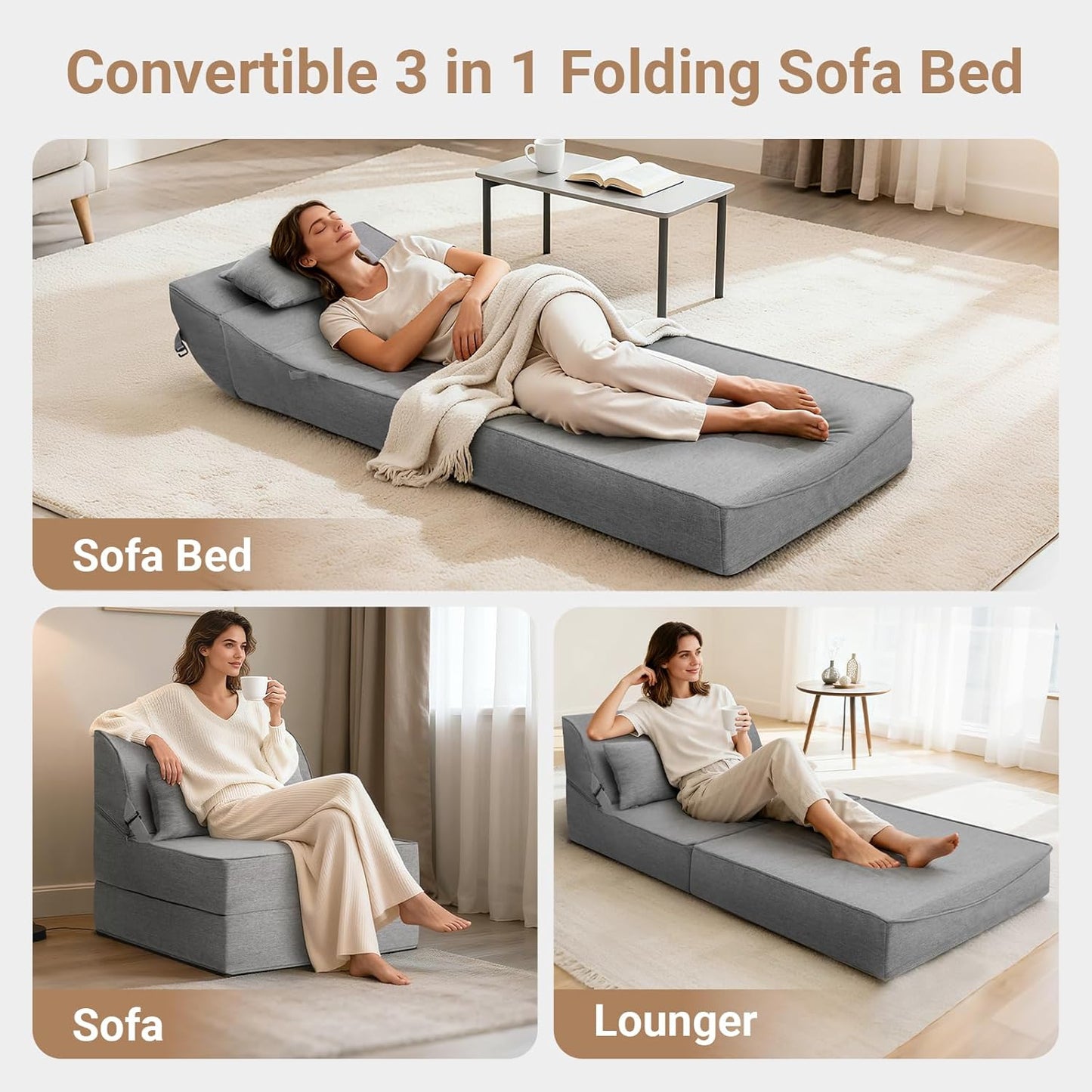 BeBen Folding Sofa Bed Chair, Convertible Sleeper Chair Futon Couch, Foldable Boneless Floor Lounger Sofa, Single Foam Chair Bed for Small Spaces, Dorm, Guest Room, Living Room, Apartment, Grey
