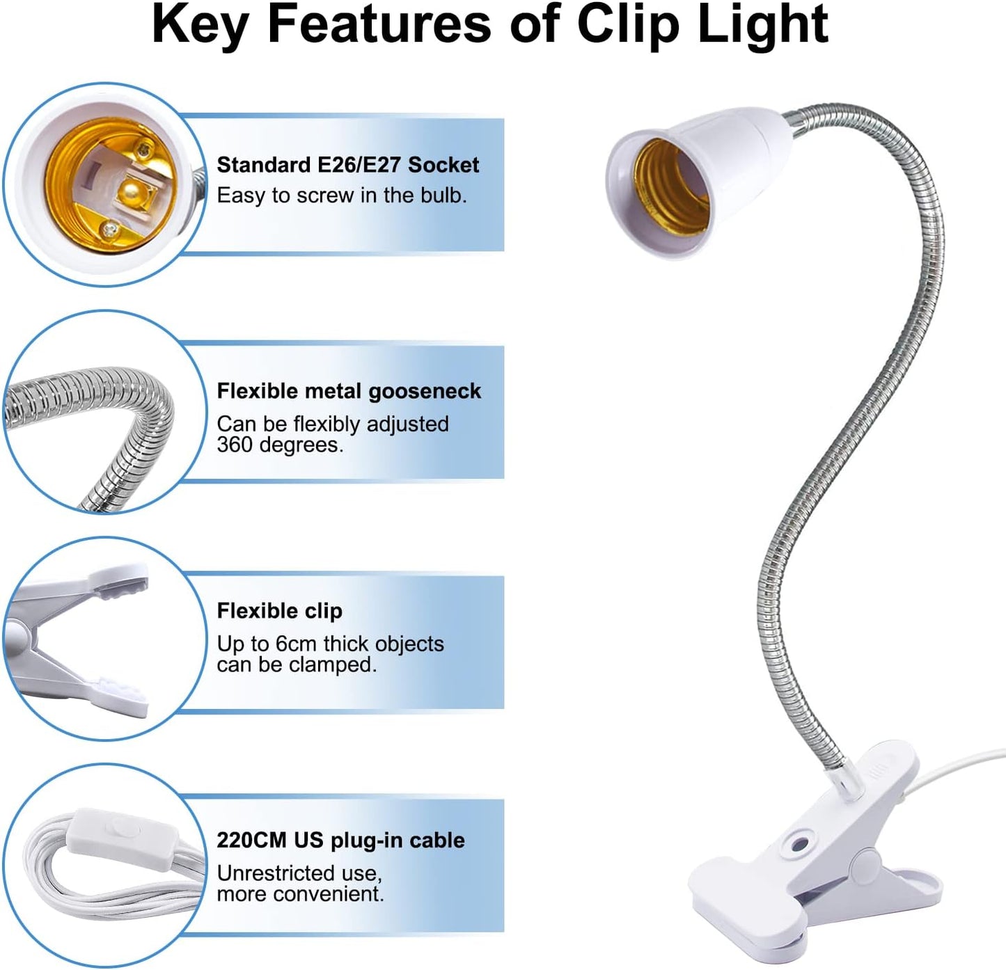 Flexible Aluminum Neck Clip Lamp Holder, 360Adjustable Socket, E26/E27 Clamp Light Fixture with 220 CM Switch and Plug Cable, Desk Lamp Holder for Study Work Read, No Bulb