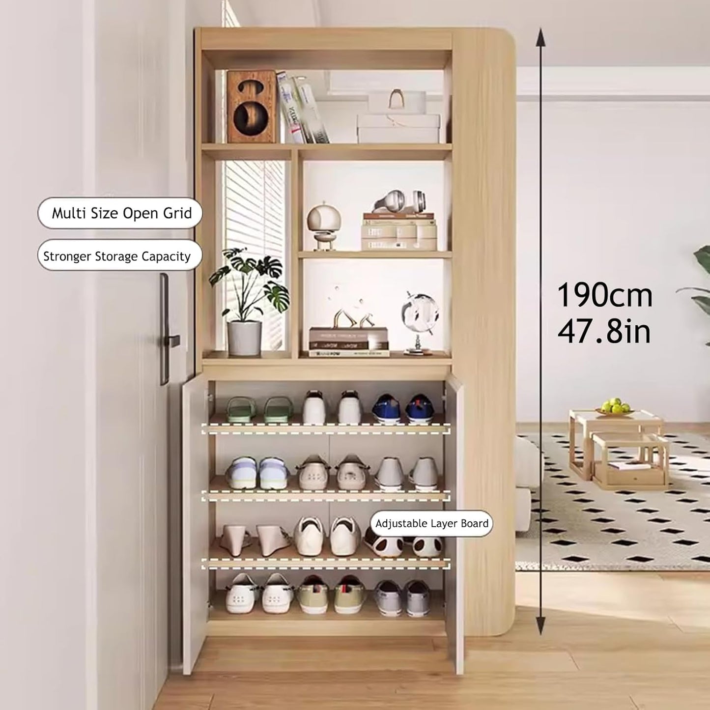 Wooden Entryway Cabinet with Hidden Shoe Storage, Freestanding Room Divider, Narrow Display Bookshelf, Open Shelving Unit for Entryway/Living Room/Bedroom/Office(39.4*13.8*74.8in, I-left)