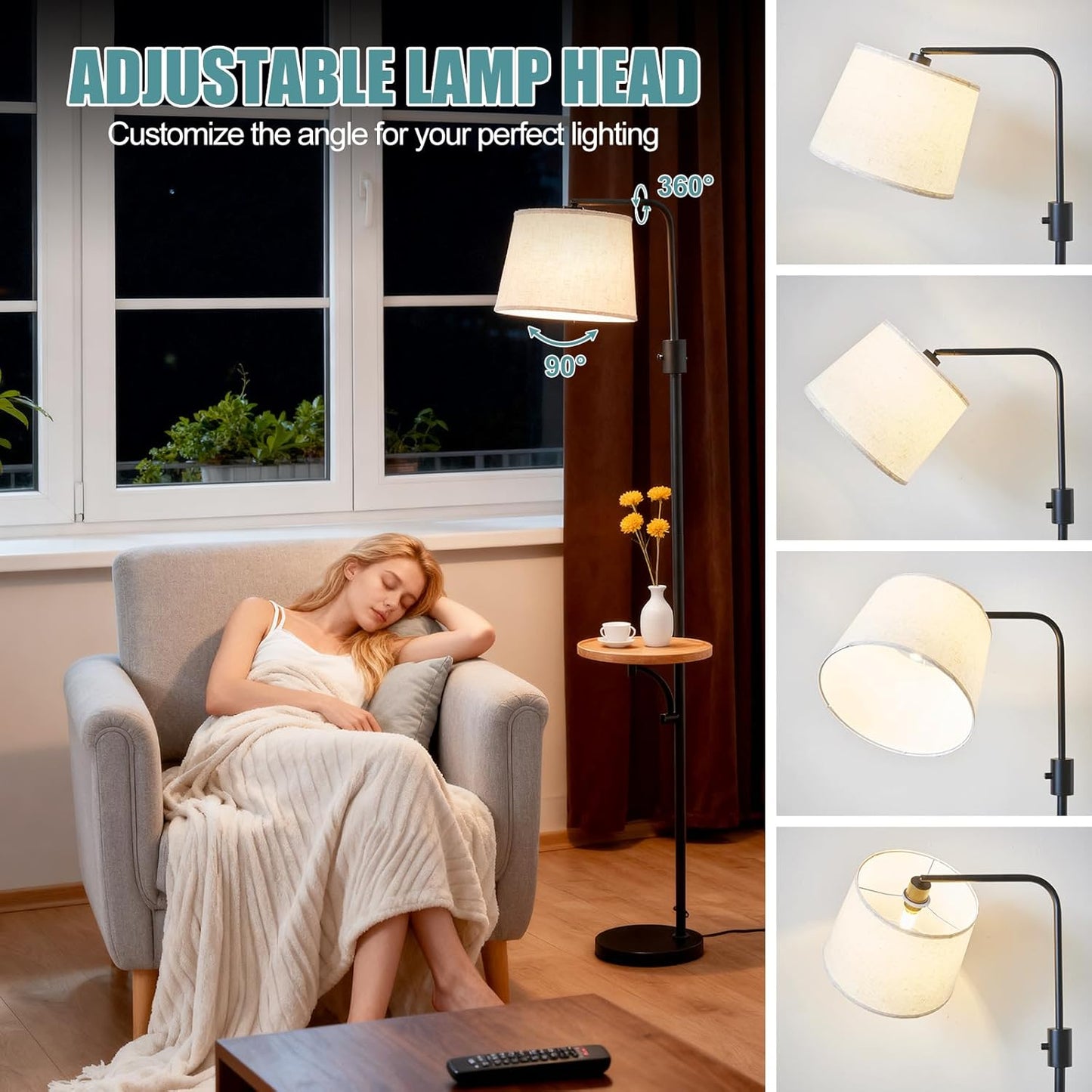 Corner Floor Lamp with Table, Black Modern Standing Lamp with Shelf, Dimmable Arc Tall Side Table with Lights for Living Room Bedroom Office with Adjust Head, Rotary Switch，LED Bulb Included