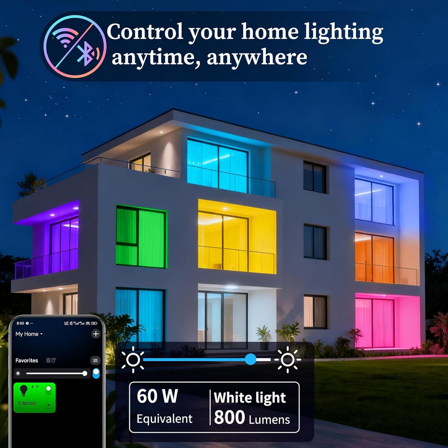 Meliya LED Smart Light Bulbs, Color Changing Dimmable & Timing Smart WiFi and Bluetooth Bulb, Compatible with Alexa and Google Assistant, RGBWW A19, 9W 800 Lumens, Music Sync, Voice Control (2 Pack)