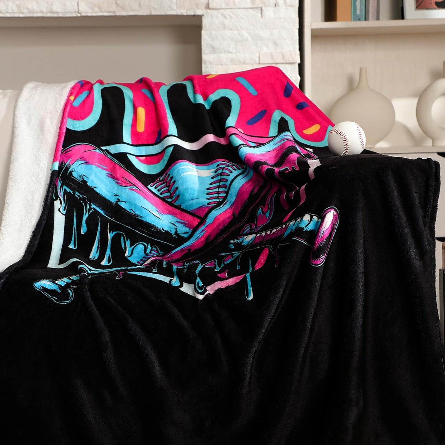 Tegeme Baseball Drip Ice Cream Blanket Pink Baseball Drip Ice Cream Throw Blanket Warm Ultra Soft Flannel Blankets for Bed Travel Sofa Living Room Decoration Gifts, 50" x 40", Black