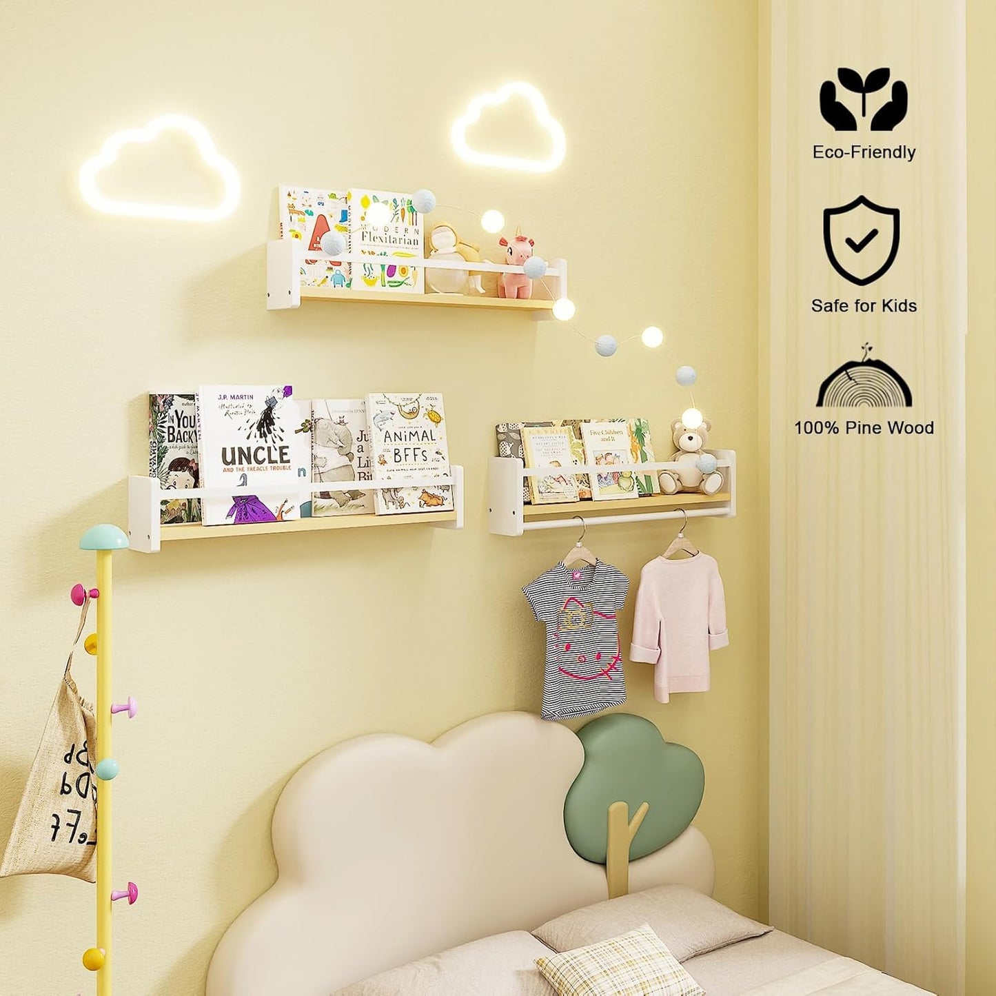 Nursery Floating Bookshelf for Kids, Wall Mounted Kids Book Shelf with Toy Storage, Pine Wood Nursery Shelves for Playroom, Bedroom, Toddler Room, Set of 3 (Pine & White, 23.6 Inches)