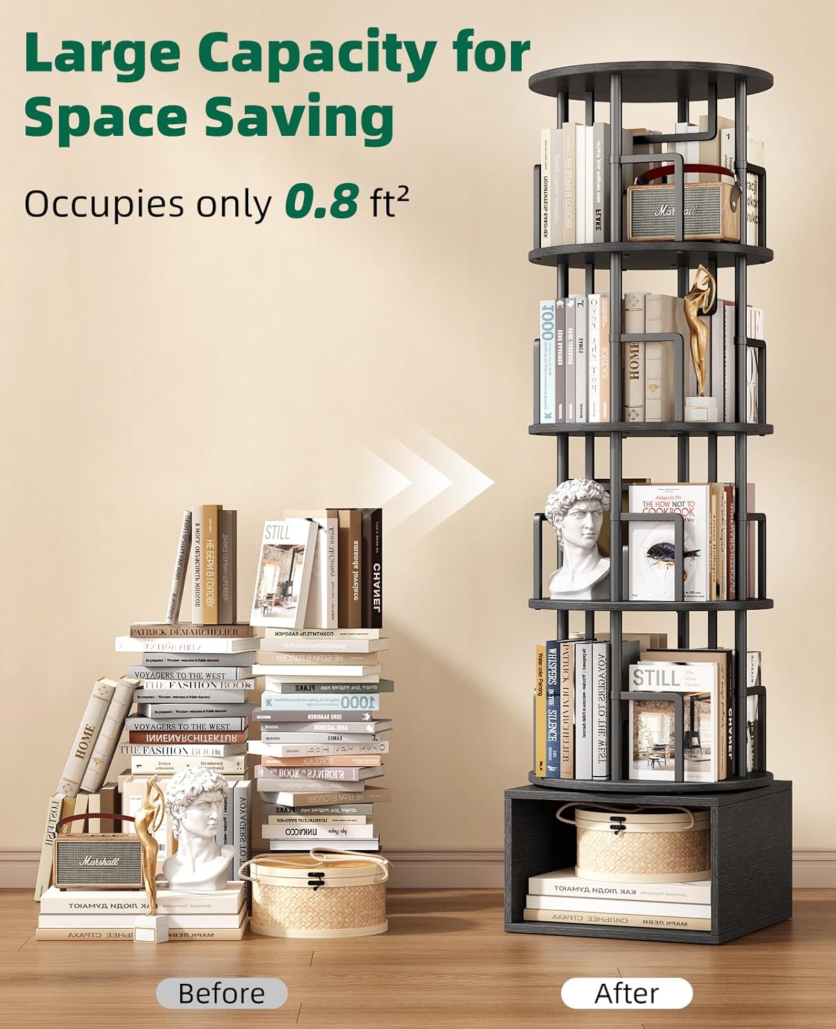 5 Tier Rotating Bookshelf with Extra Storage Cabinet, 360°Spinning Corner Bookshelf, Floor Standing Bookcase for Kids & Adult, Narrow Book Shelf for Bedroom Living Room, Pure Black