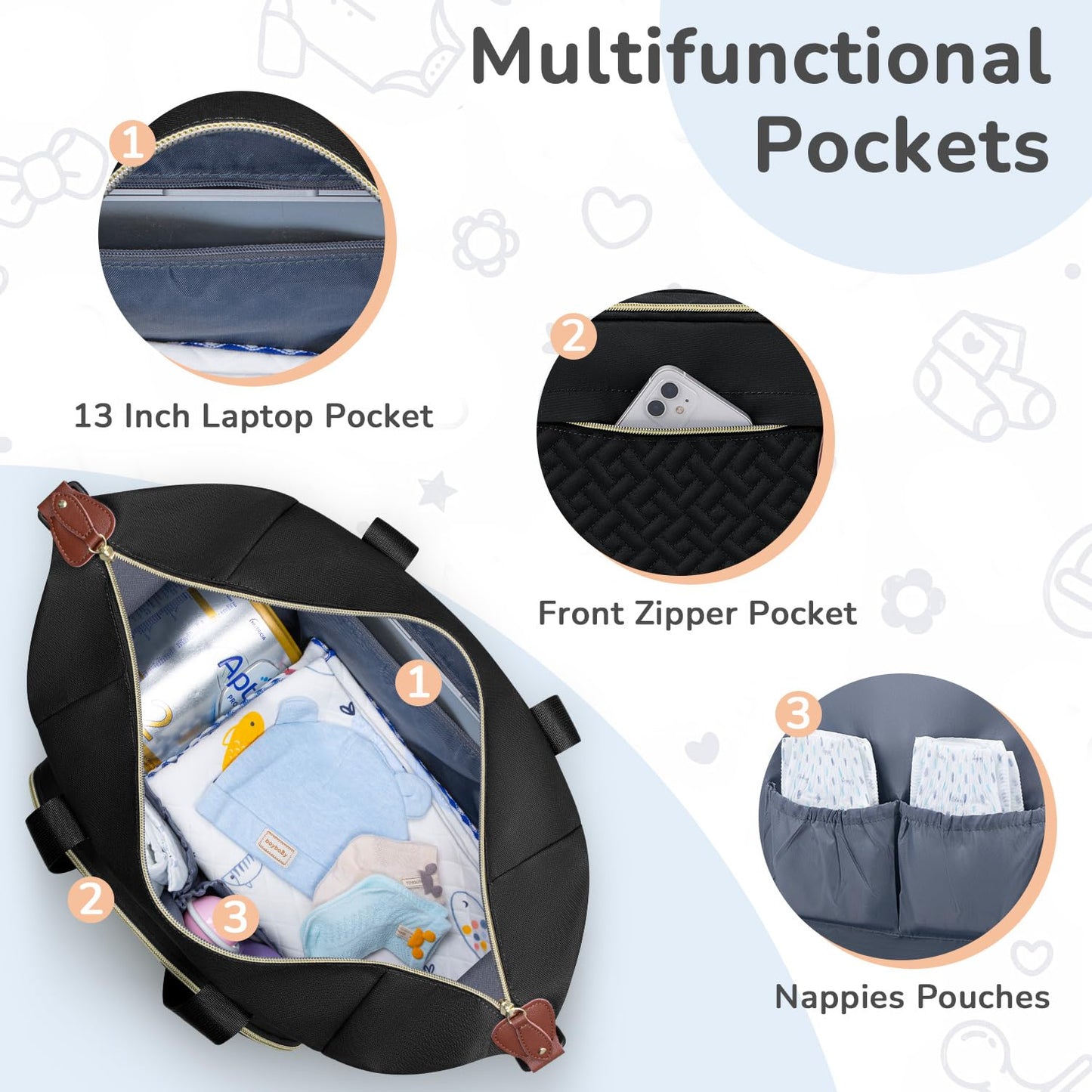 Diaper Bag Tote with Pacifier Case, Baby Bag for Women with Shoulder Straps, Travel Diaper Tote for for Mom and Dad Medium Size, Black