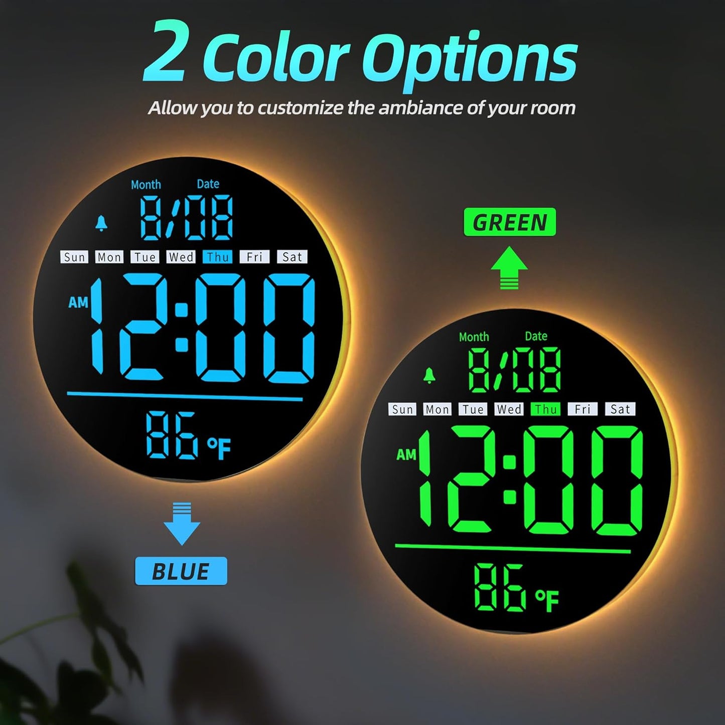 8in Round Digital Wall Clock, Large LED Display, Auto DST, Temperature, Alarm Clocks for Living Room, Bedroom, Office, Classroom, Gym Countdown Timer